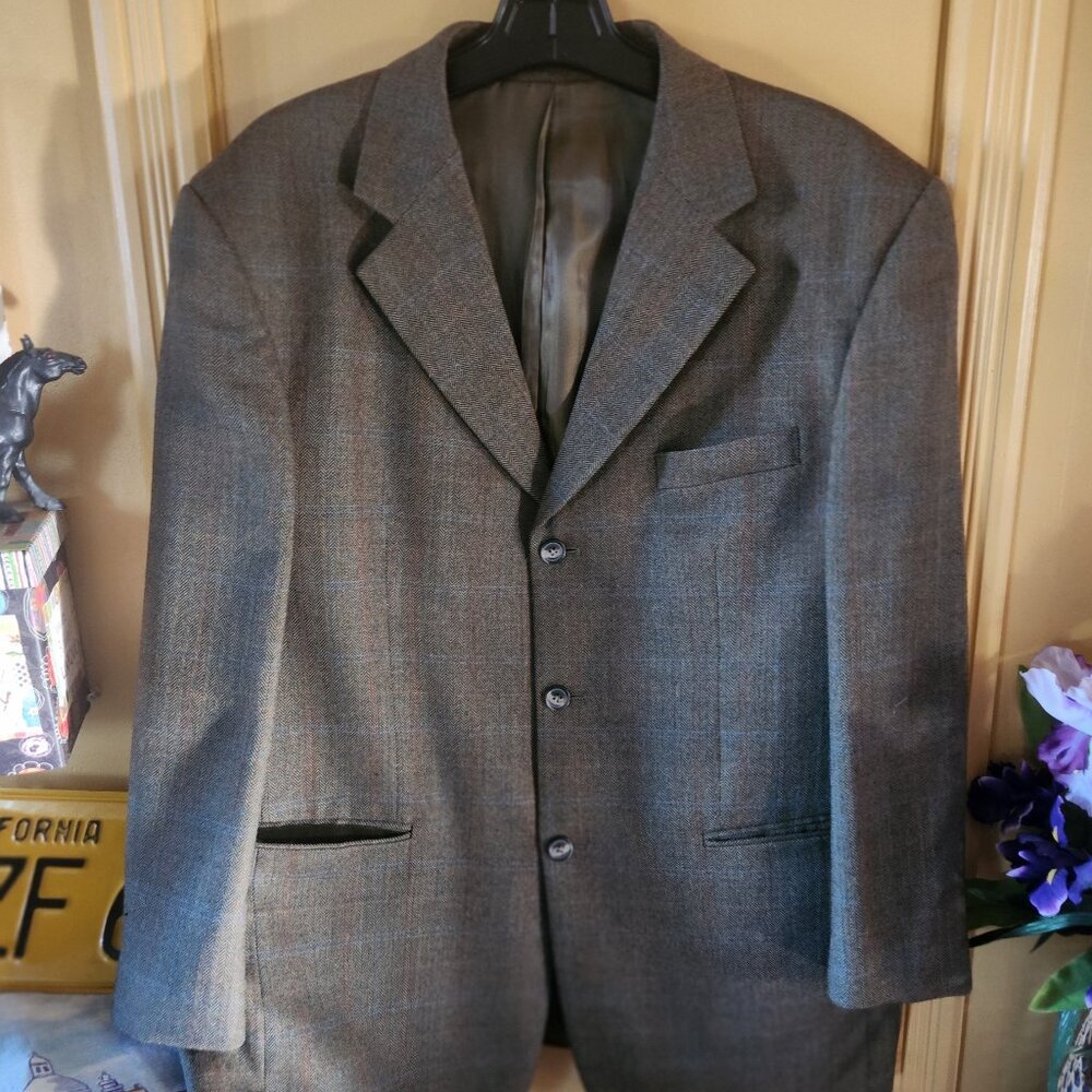 100% Wool !  Bellissmo 44r Blazer  Brown Plaid with red & blue striping